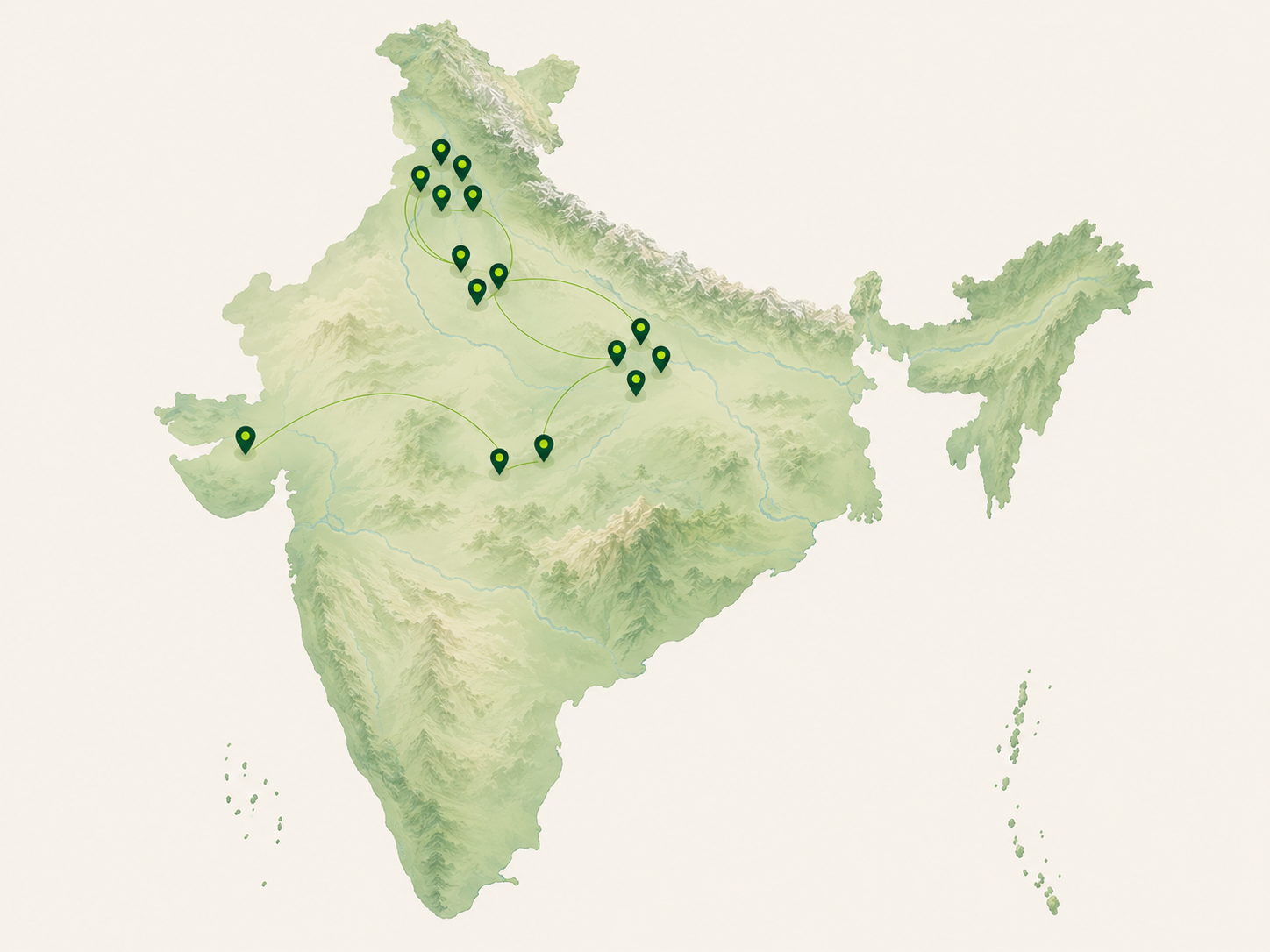 Illustrated map of Dhara Agro's 25-location cold-storage network across seven Indian zones